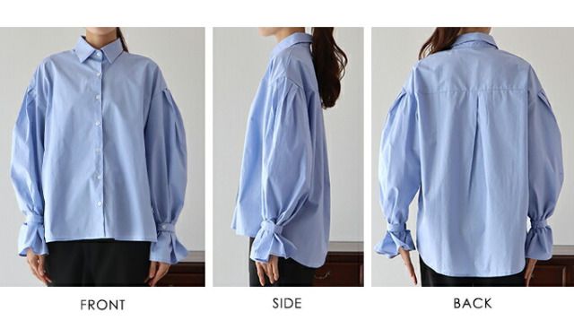 日本 BLUE EAST - 甜美翻領糖果袖襯衫-水藍