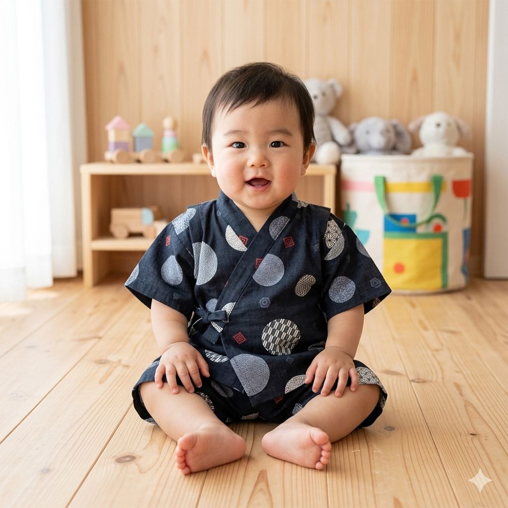 兒童兩件式甚平-圓形和風圖案-黑色