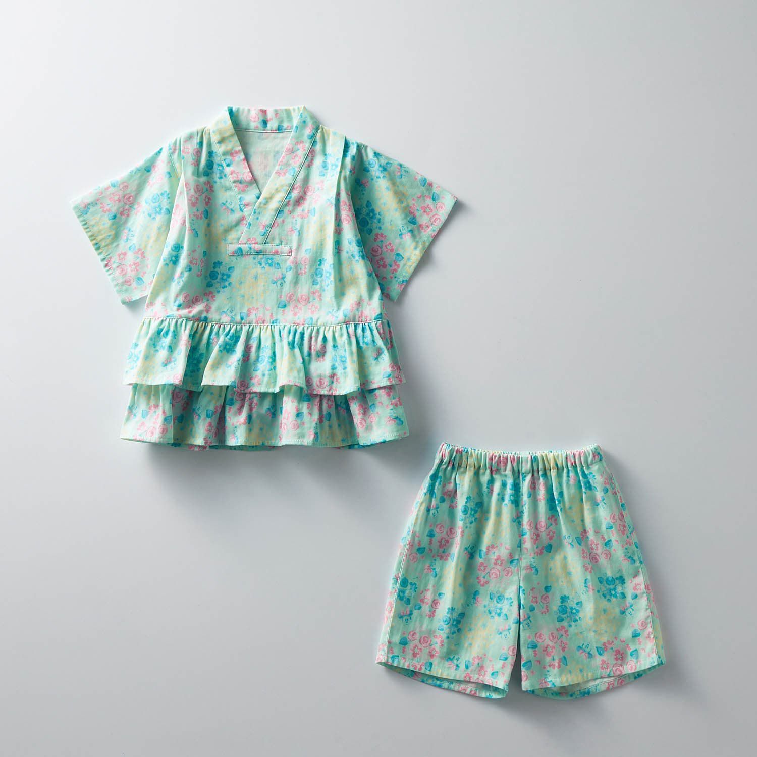 日本千趣會 - 迪士尼二重紗荷葉邊短袖甚平-米妮花園-嫩綠