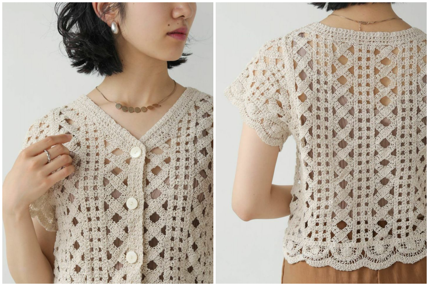 日本 Bou Jeloud - 鏤空造型短袖針織排扣上衣-白