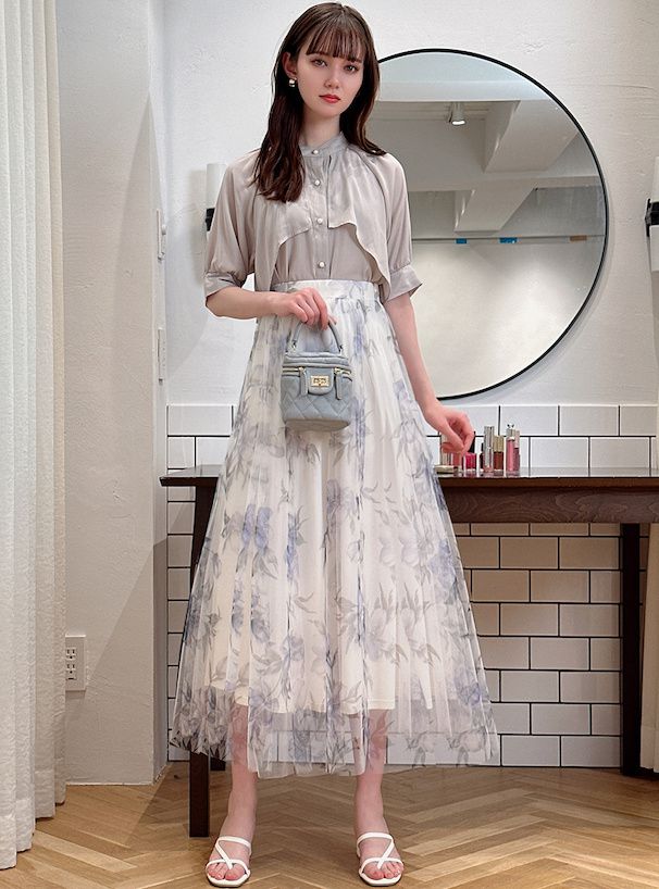 日本 GRL - 夢幻雙層紗花紋拼接長裙-白x藍
