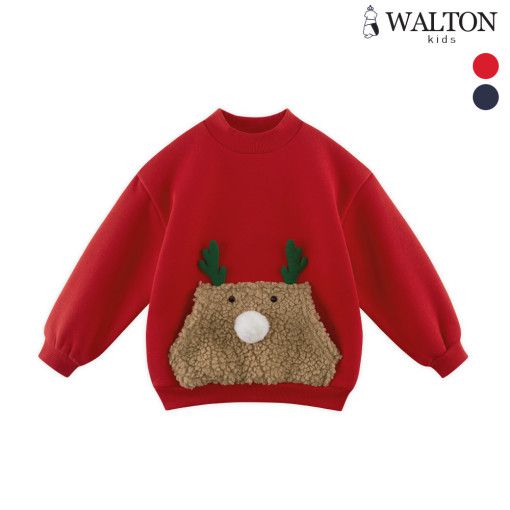 韓國 WALTON kids - (裏起毛)麋鹿口袋T-深藍