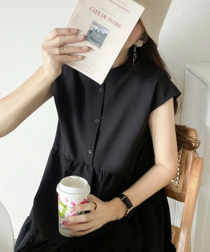 日本 Classical Elf - 襯衫式A字甜美法式袖洋裝-黑白條紋