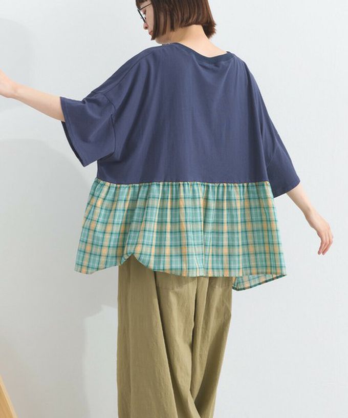 日本 Lupilien - 接觸涼感 可愛格紋休閒五分袖上衣-藍綠