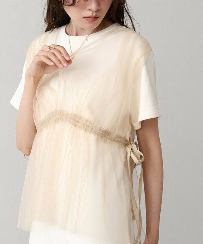 日本 Bab - 層次設計感薄紗拼接短袖洋裝-象牙