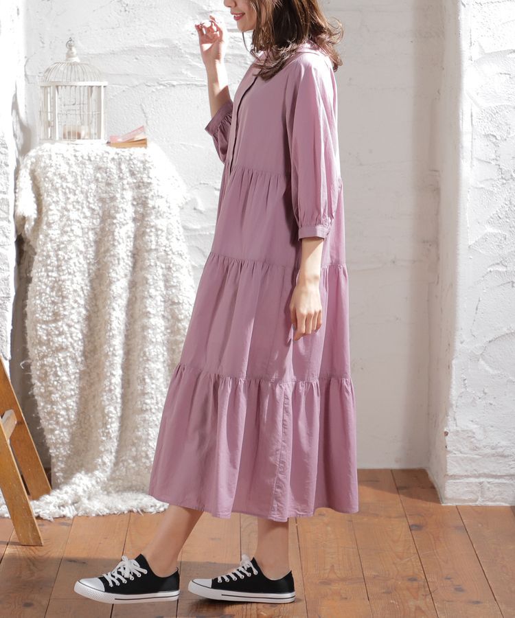 日本 Honeys - 純棉七分袖寬鬆蛋糕裙洋裝-黑