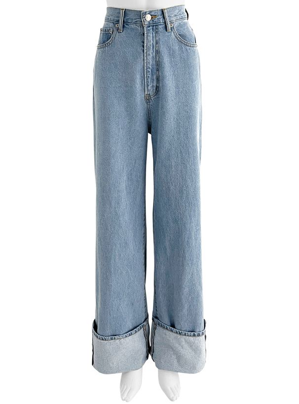 日本 GRL - 復古反折丹寧直筒褲-深藍