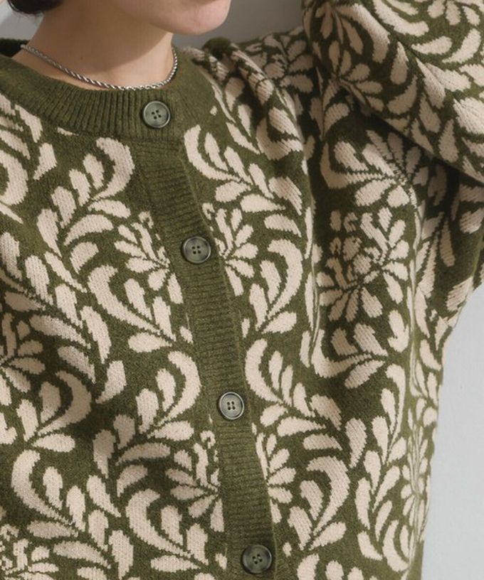 日本 Lupilien - 盛開花卉針織寬袖開襟衫/外套-炭灰