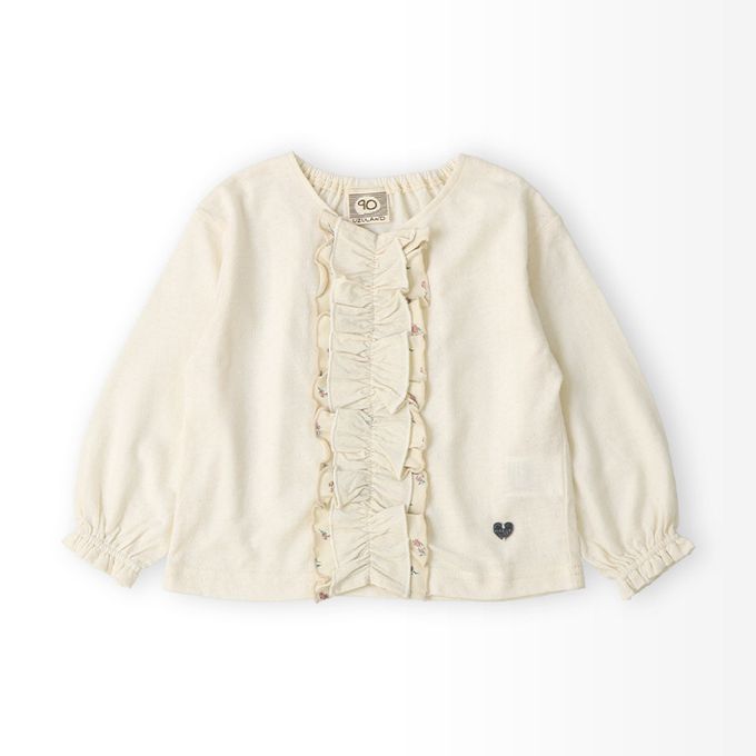 日本 ZOOLAND - 胸前層次摺邊圓領長袖上衣-緹花紋理-米白