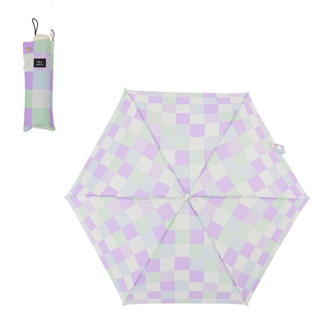 日本 nifty colors - 抗UV輕量 晴雨兩用折疊傘-文青方塊-紫綠 (直徑88cm/203g)-80.00%