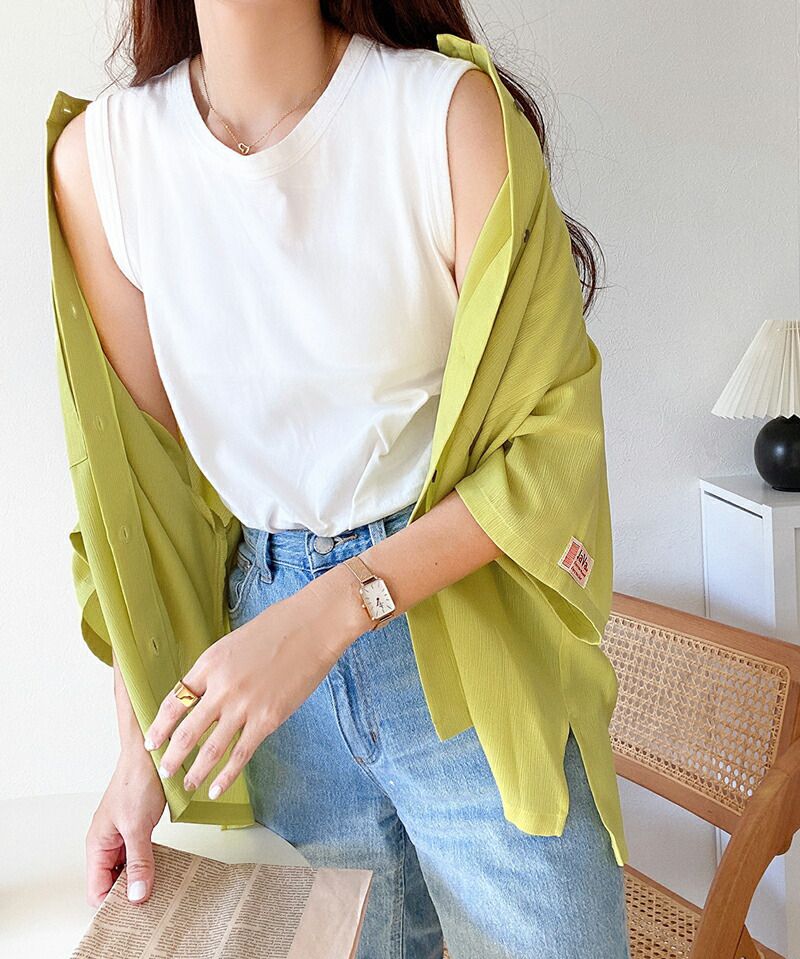 日本 Classical Elf - 楊柳皺縮微透膚短袖襯衫/薄外套-沙杏