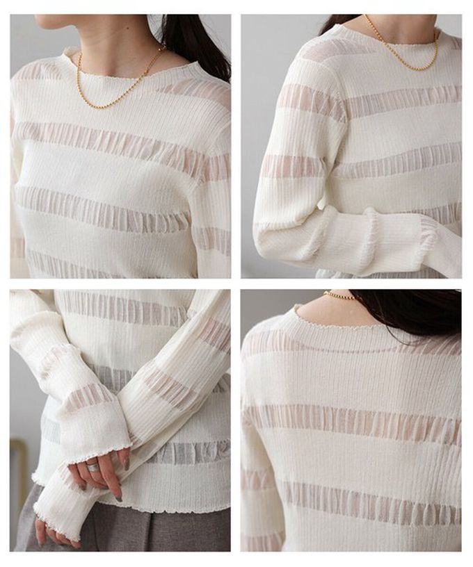 日本 Bab - 魅力條紋透膚針織長袖上衣-灰