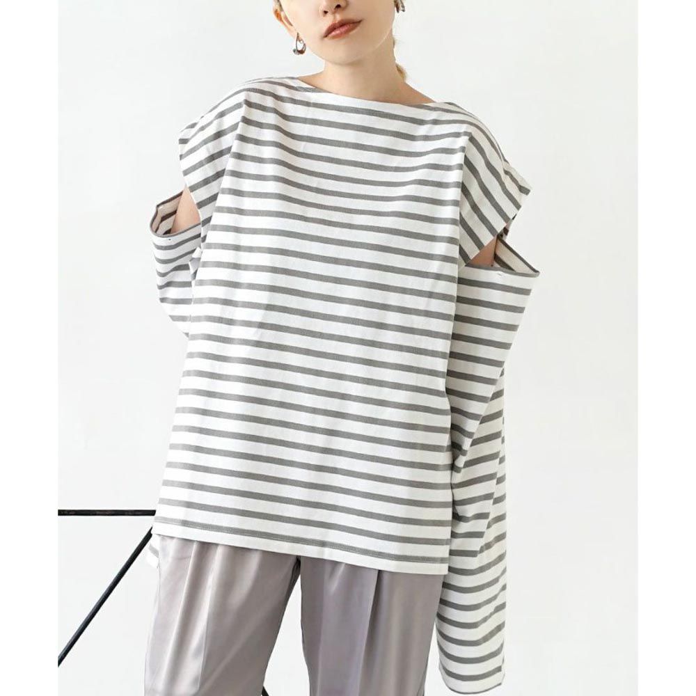 日本 zootie - 抗油污 時尚挖袖設計長袖上衣-條紋-白x灰
