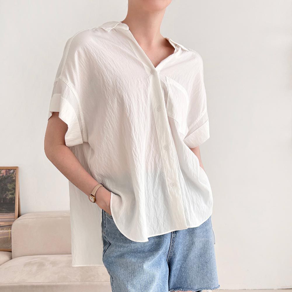 韓國女裝連線 - 率性寬鬆翻袖開衩襯衫-白 (FREE)