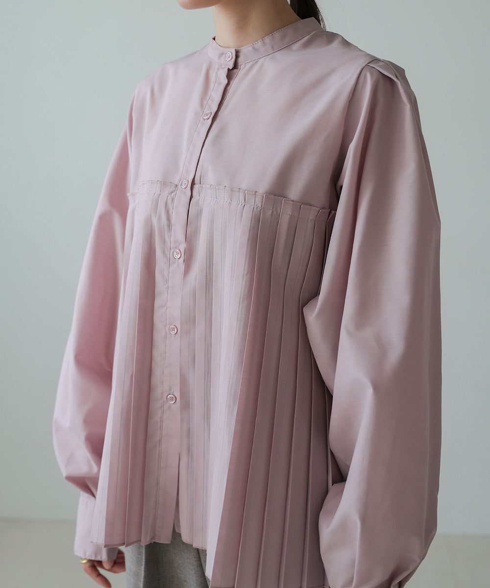 日本 Bab - 歐風百褶拼接泡泡袖襯衫-灰棕