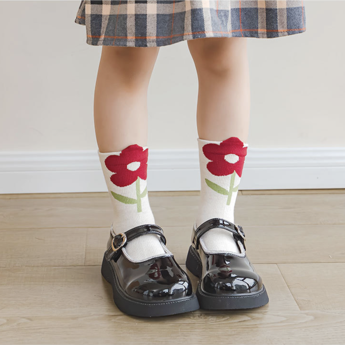 love, charlotte - 乾燥玫瑰色系田園小兔點膠室內防滑中筒棉襪-5 雙一組