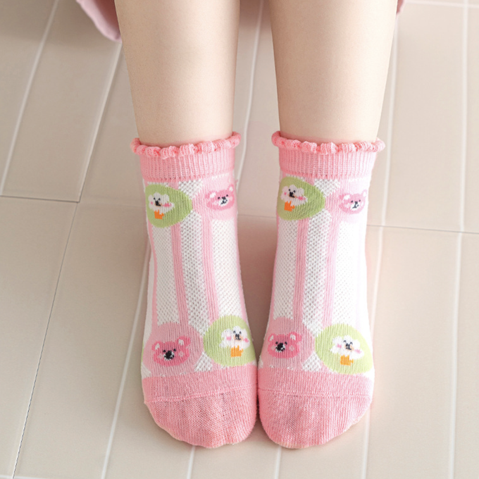love, charlotte - 泡泡花邊粉紅小熊櫻桃網眼短筒棉襪-5 雙一組