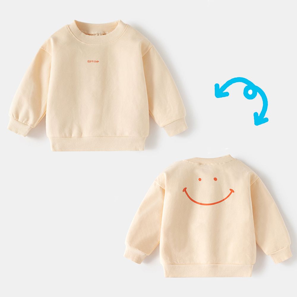 圓領棉質長袖上衣/大學T-微笑-米杏