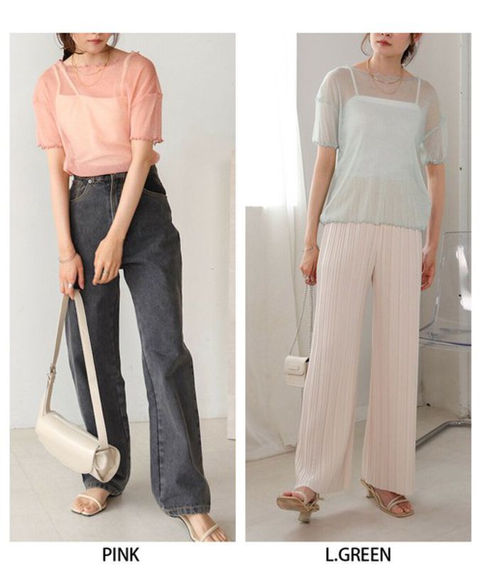 日本 Bab - 華麗微亮透明木耳短袖上衣-(無內裡)-粉紅