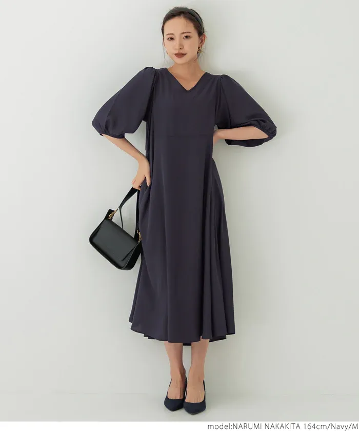 日本 COCA - 顯瘦V領收腰五分袖洋裝-米杏