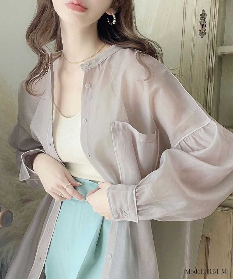 日本 Classical Elf - 優雅滾邊透膚感長袖襯衫-水藍