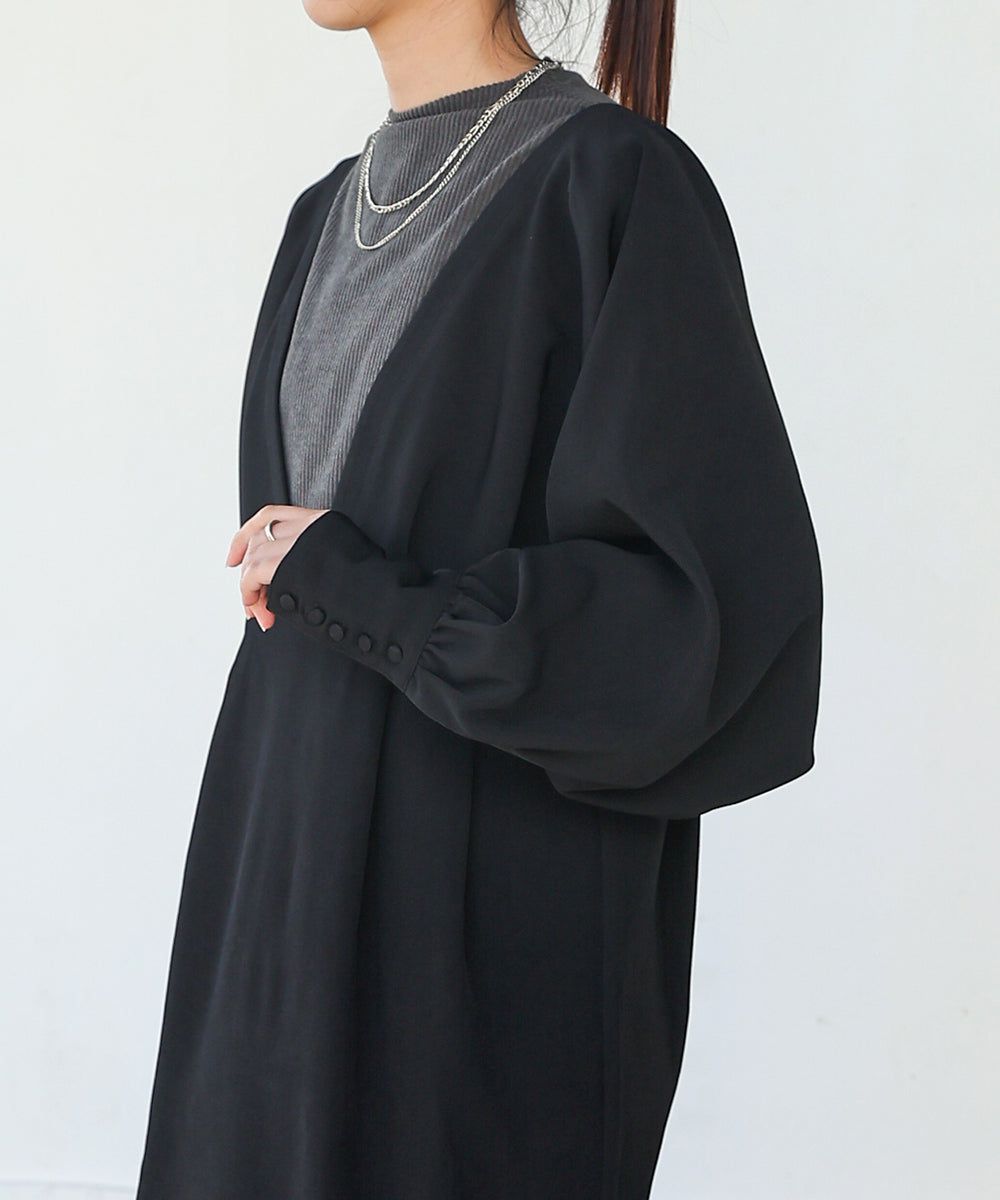 日本 Bab - 大V領拼接唯美歐風長袖洋裝-灰藍