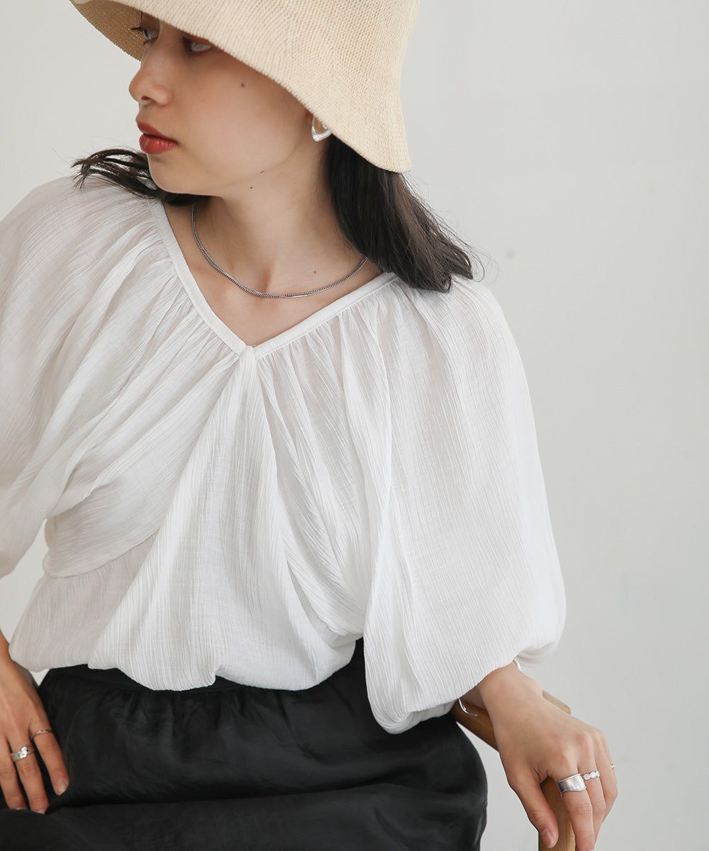 日本 Bab - 嫘縈後綁帶氣球袖上衣-咖啡