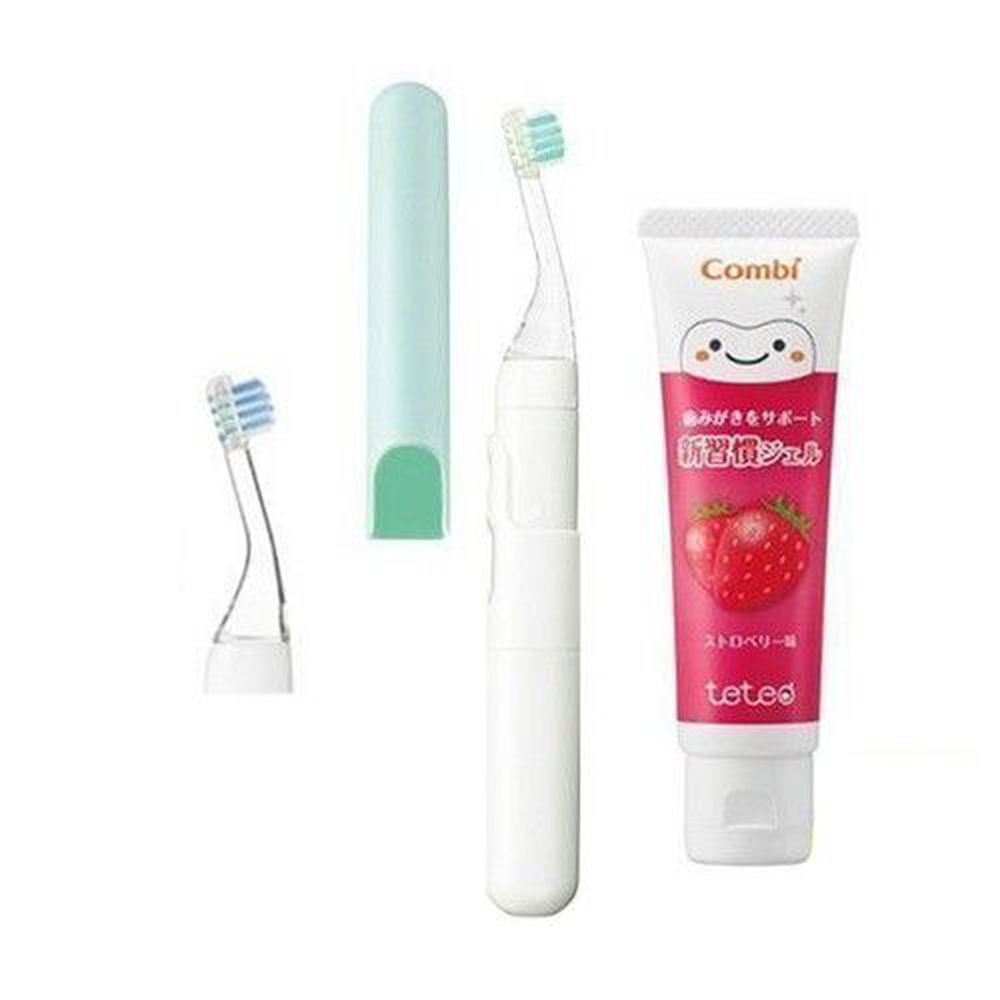 日本 Combi - teteo 幼童電動牙刷-1 + 1 實用組-電動牙刷-薄荷綠x1+替換刷頭x1+草莓牙膏x1(含氟量500ppm)