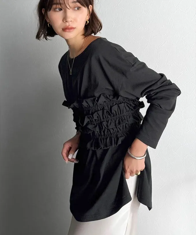 日本 Classical Elf - 時尚造型圓領長袖上衣(附荷葉腰帶)-燕麥