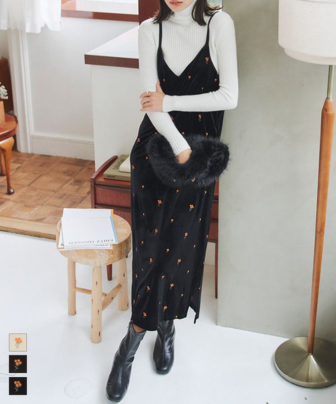 日本 Kobe Lettuce - 花朵刺繡氣質天鵝絨面吊帶洋裝-黑