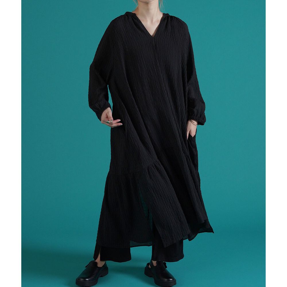 日本 Bou Jeloud - 方格抓皺設計V領長袖洋裝-黑