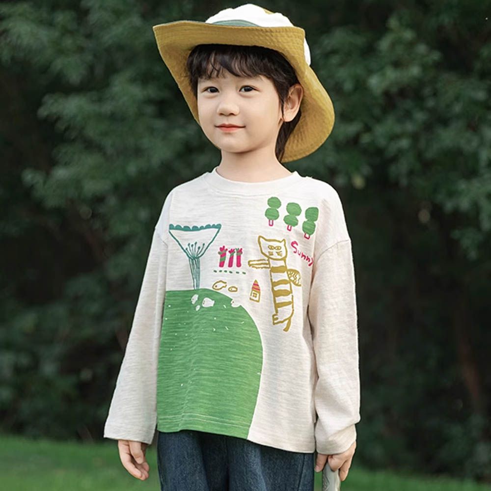 純棉竹節紋圓領落肩長袖上衣-童趣塗鴉-米色