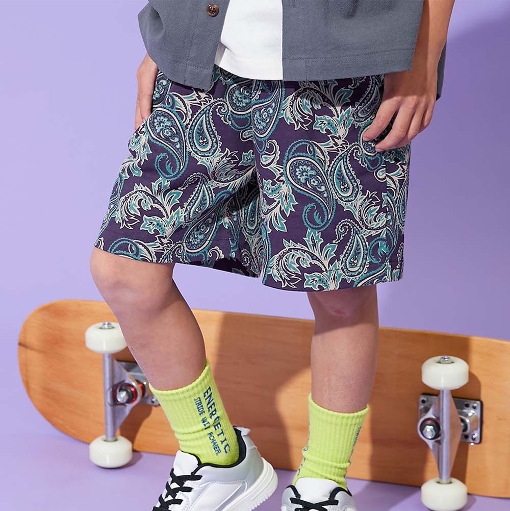 夏日印花純棉寬版短褲-變形蟲-海軍藍