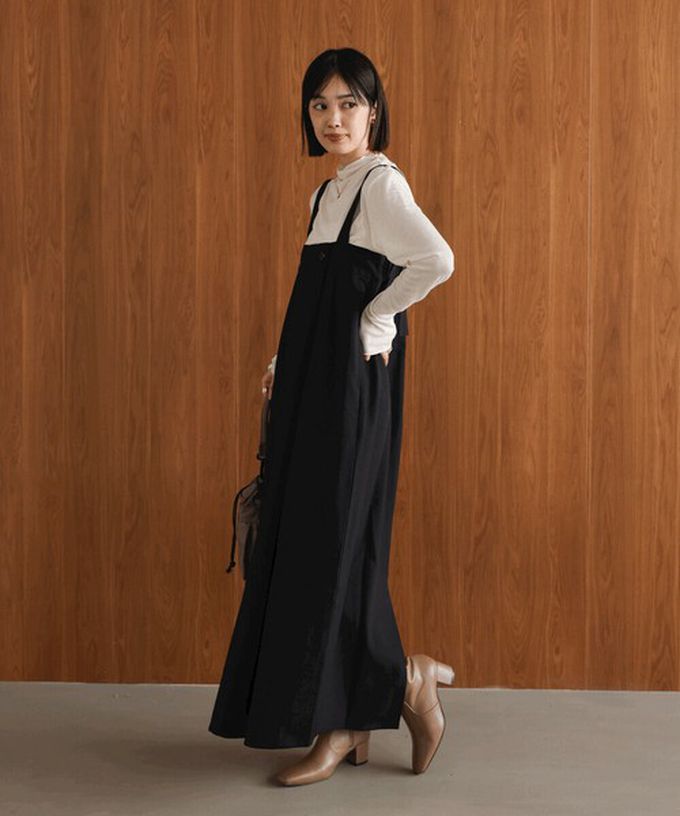 日本 Bab - 斜紋布優雅摺線工裝風吊帶裙-黑