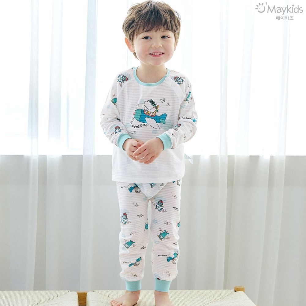 透氣條紋提花棉長袖家居服-飛翔恐龍-白X薄荷藍