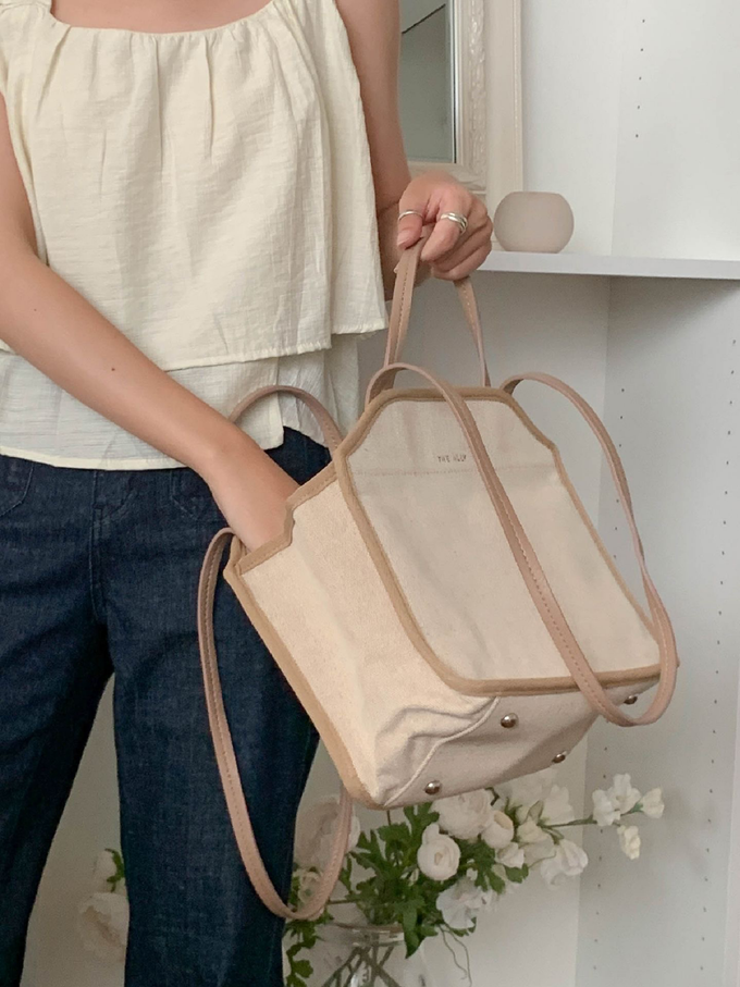 韓國 THEALLY - (附小袋)質挺帆布方包手提/肩背包-焦糖咖 (中)