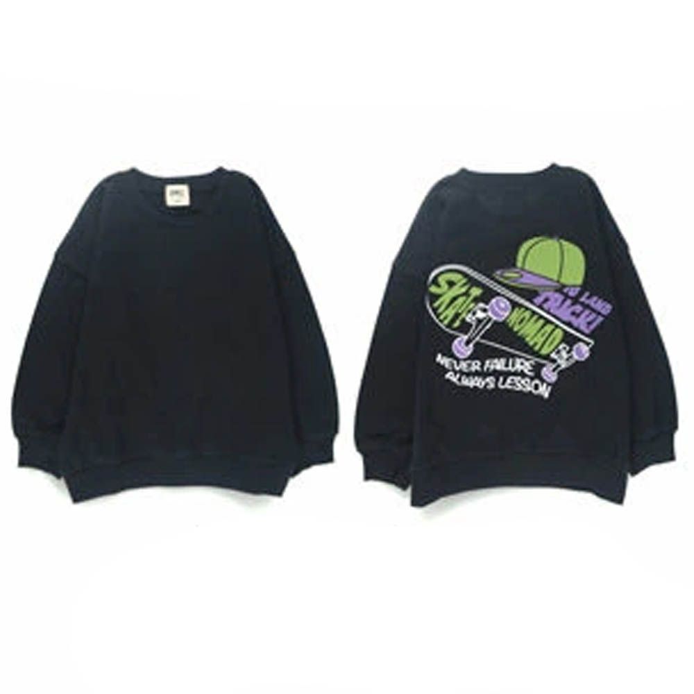 街頭印花縮口長袖上衣-滑板-黑