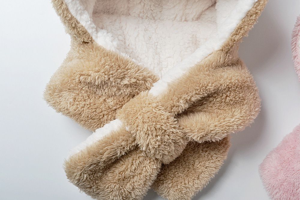 毛絨絨圍脖一體帽-熊熊耳朵-淺咖啡色 (M(約3歲到8歲))