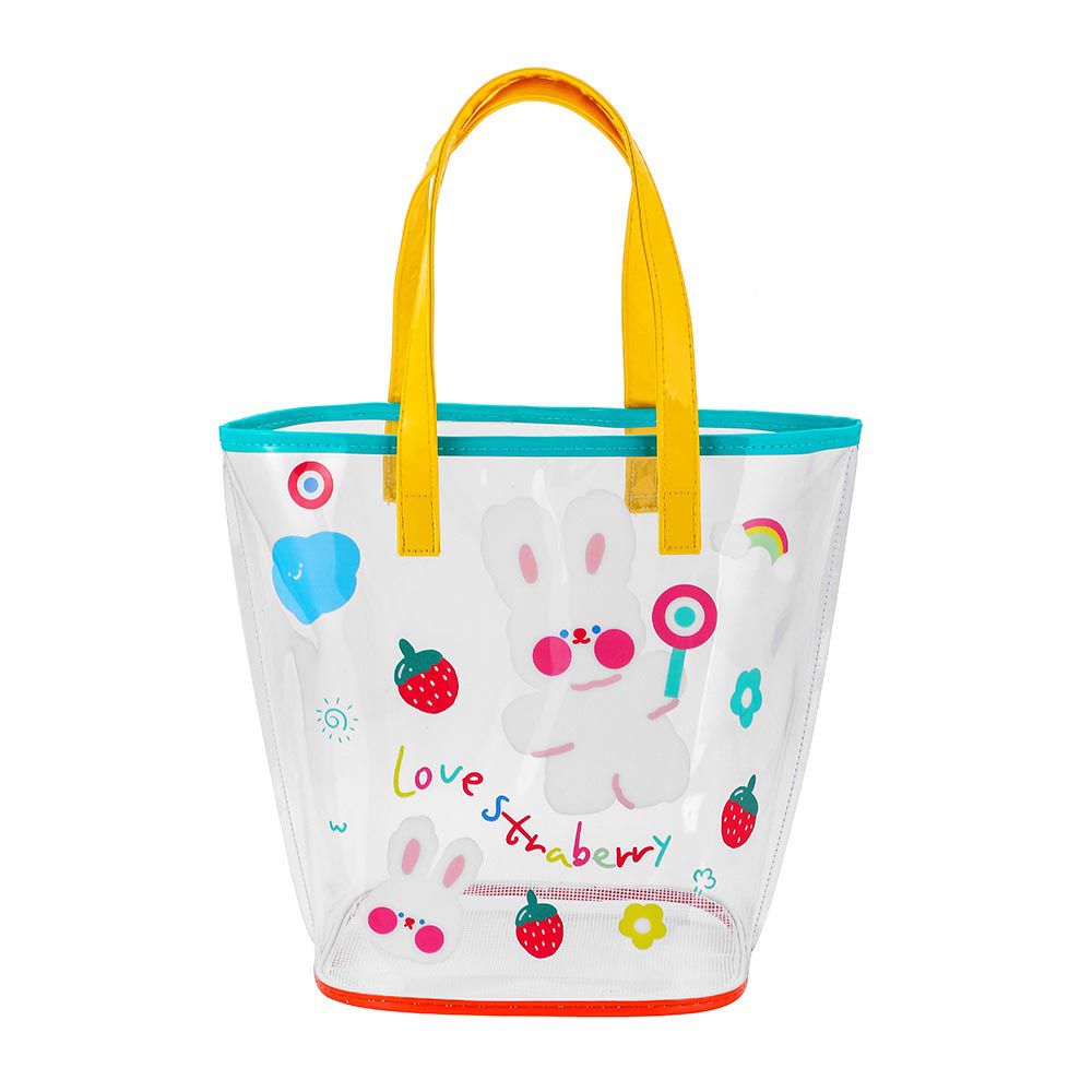 耐磨果凍透明手提包/沙灘包(底部網紗透氣款)-可愛小兔 (20.5×16×28cm)