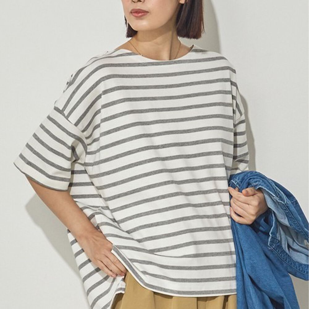 100%棉 定番條紋落肩五分袖上衣-白x淺灰