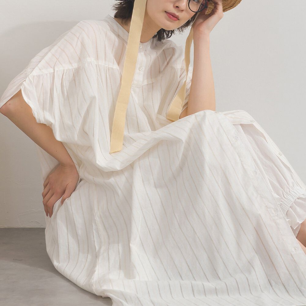 印度棉 唯美線條緹花開襟短袖洋裝-白