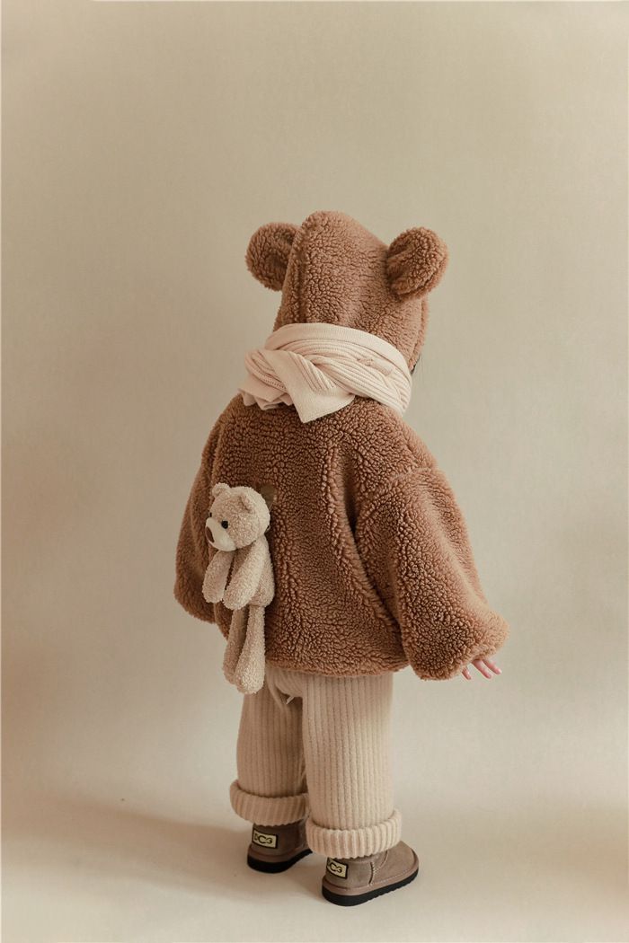 加厚連帽羊羔絨兒童造型外套-熊熊耳朵-米白色