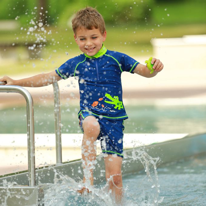 德國Playshoes - 抗UV防曬短袖兩件組兒童泳裝-鱷魚