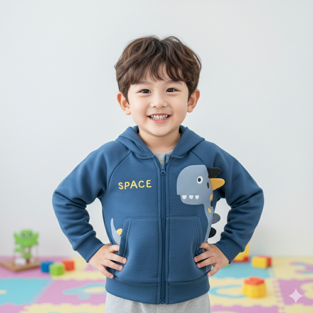 加絨棉混紡連帽外套-可愛恐龍-藍色