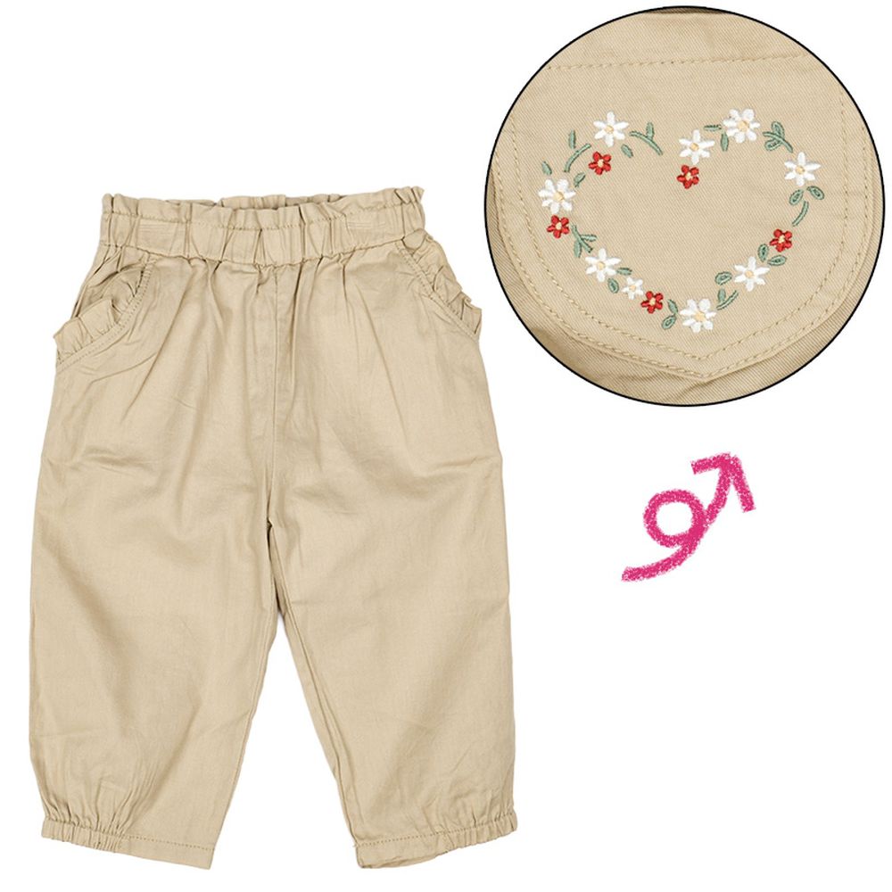 7分褲-口袋刺繡-淺卡其