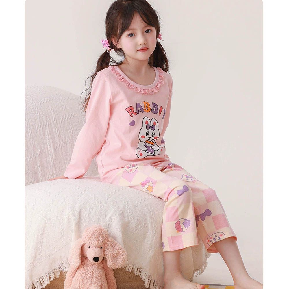 純棉花邊領長袖家居服套裝/空調服-可愛兔-粉色