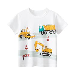 27KIDS - 純棉短袖上衣-道路工程車車-米白色