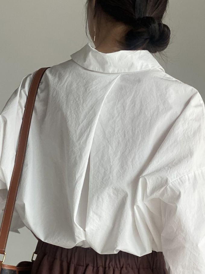韓國女裝連線 - 知性背後抓褶翻領長袖襯衫-象牙白 (FREE)