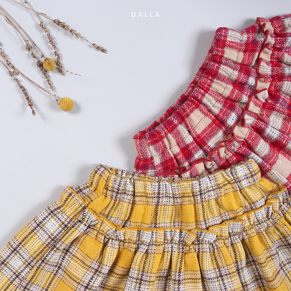 韓國 Dalla - 縮緊帶學院風格子短裙-黃