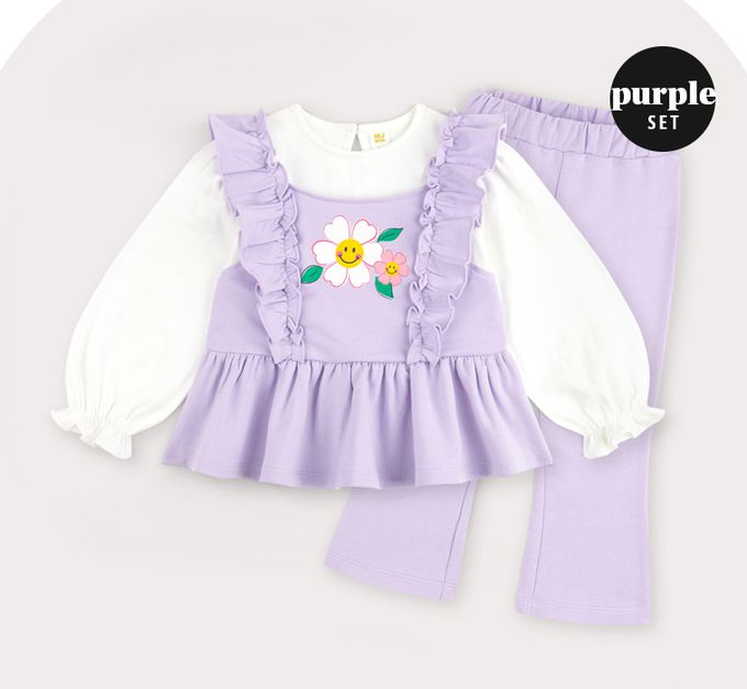 韓國 HEJMINI - 女孩感波浪邊裝飾長袖套裝-紫